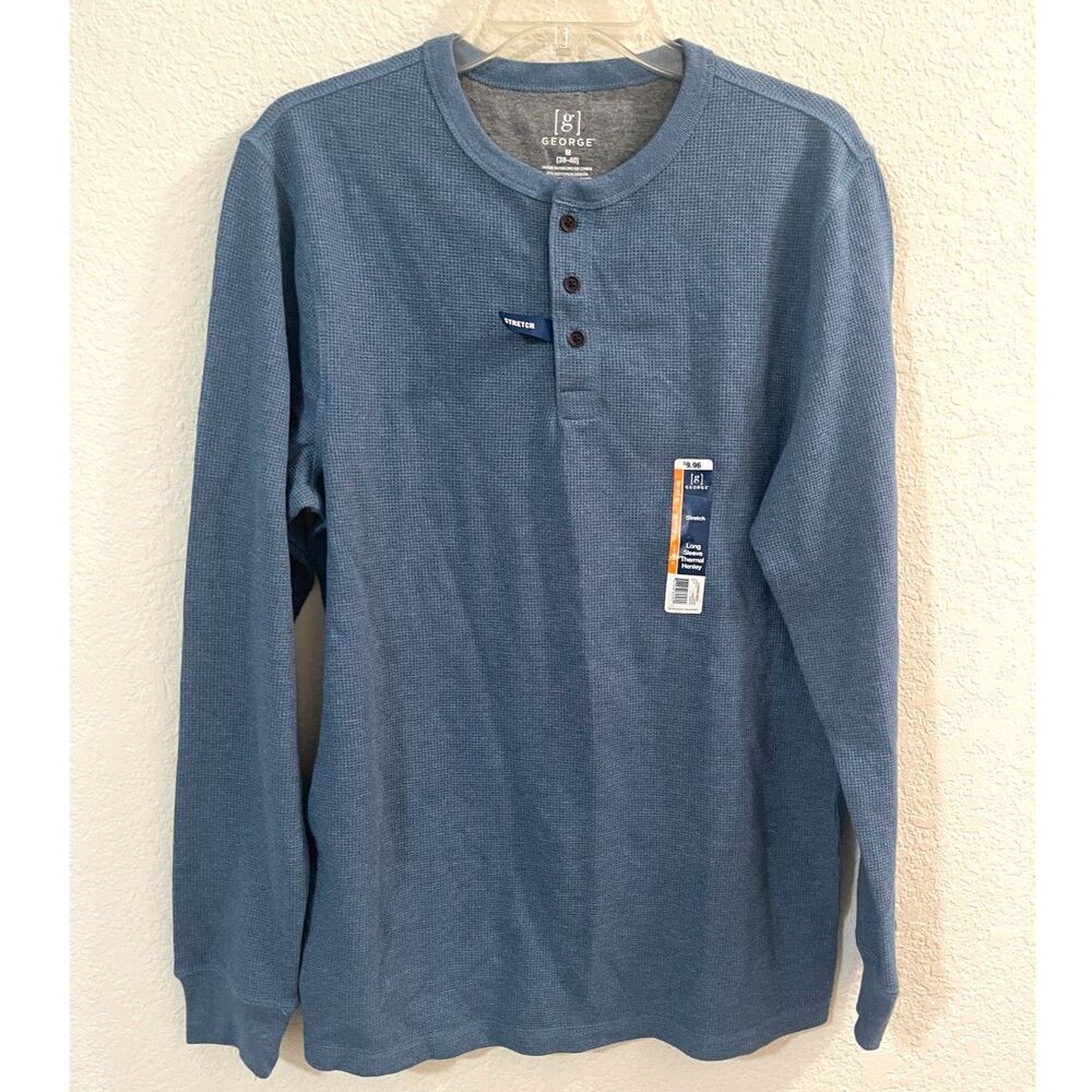Mens SLATE BLUE L/S HENLEY TEE SHIRT Waffle Knit STRETCH Cotton Blend FABRIC M